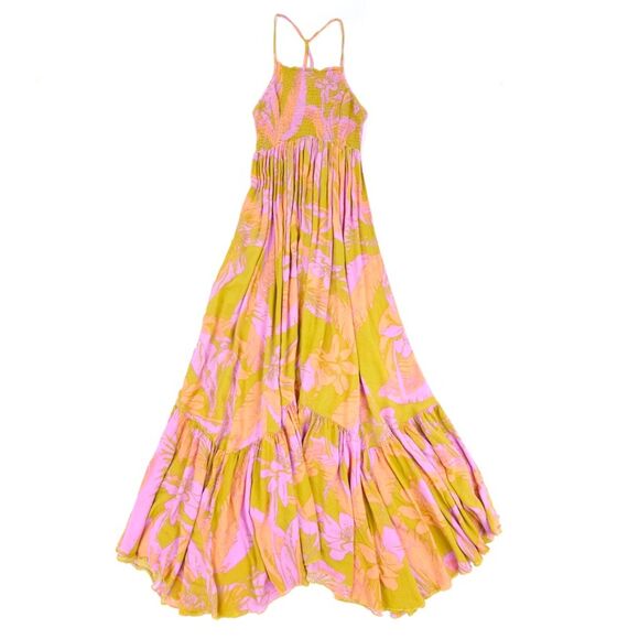 Free People Dresses & Skirts - FREE PEOPLE Heat Wave Maxi Dress Gold Floral Tiered Ruffle Smocked Resort XS